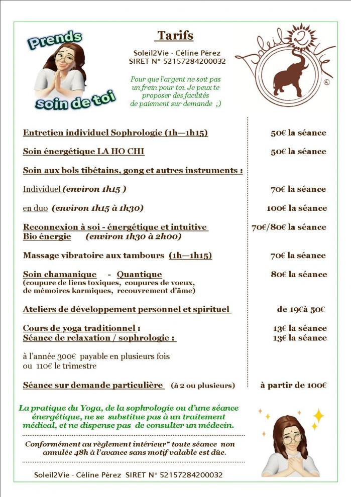Tarif CELINE PEREZ SOLEIL2VIE 2024 2025